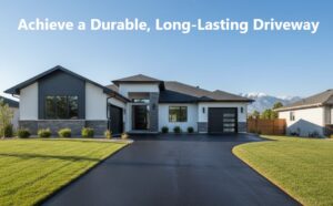 Newly paved black asphalt driveway in front of a modern Denver home, showcasing a smooth, durable surface and professional finish.