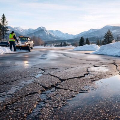 Colorado driveway with snow piles and cracked asphalt; worker clearing snow.