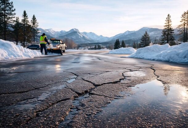 Colorado driveway with snow piles and cracked asphalt; worker clearing snow.