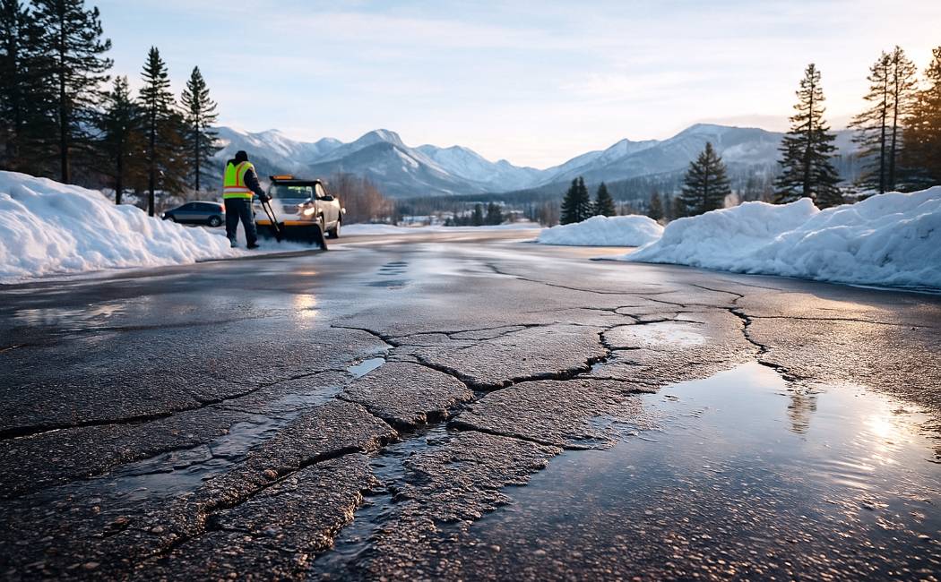 Colorado driveway with snow piles and cracked asphalt; worker clearing snow.