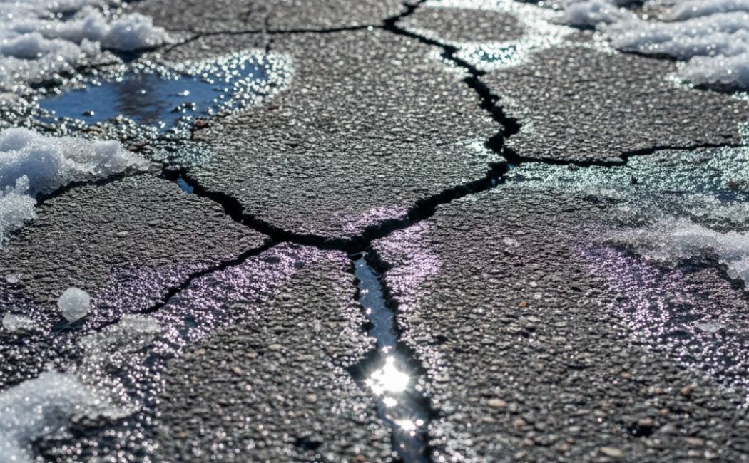 Cracked asphalt driveway with melting snow and ice seeping into the cracks, showing freeze-thaw damage.