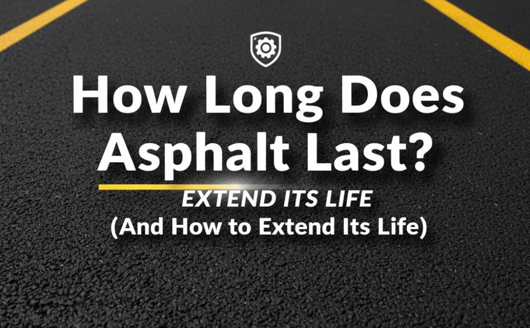 Text overlay on a freshly paved asphalt parking lot with yellow lines, asking "How Long Does Asphalt Last? (And How to Extend Its Life)" with a gear and shield icon.