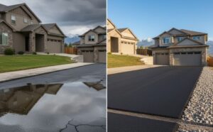 Water flows smoothly toward a side drain on a newly paved asphalt driveway in Denver, showing proper drainage design and slope.