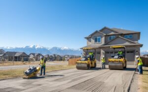 Workers are compacting and leveling the gravel base for an asphalt driveway in Denver, Colorado.