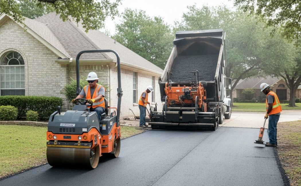 Workers are paving a residential driveway with fresh asphalt using professional paving equipment.