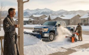 Homeowner watching professional snow removal team clear driveway with truck and snow blower in Colorado.