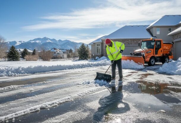 Late-season snow removal on a Colorado driveway with melting snow and a professional plow in action.
