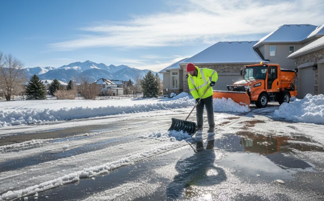 Late-season snow removal on a Colorado driveway with melting snow and a professional plow in action.