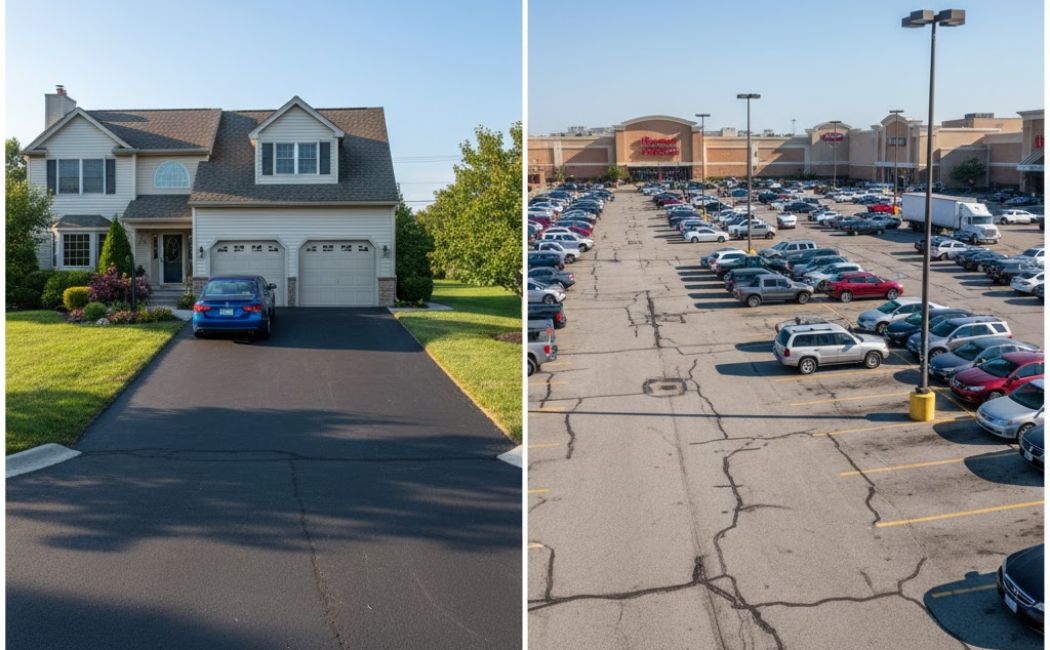 Freshly paved black asphalt driveway next to a commercial parking lot with faded lines and cracks, illustrating the difference between residential and commercial pavement wear.