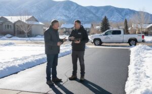 Professional snow removal contractor discussing driveway maintenance with a homeowner in Colorado.