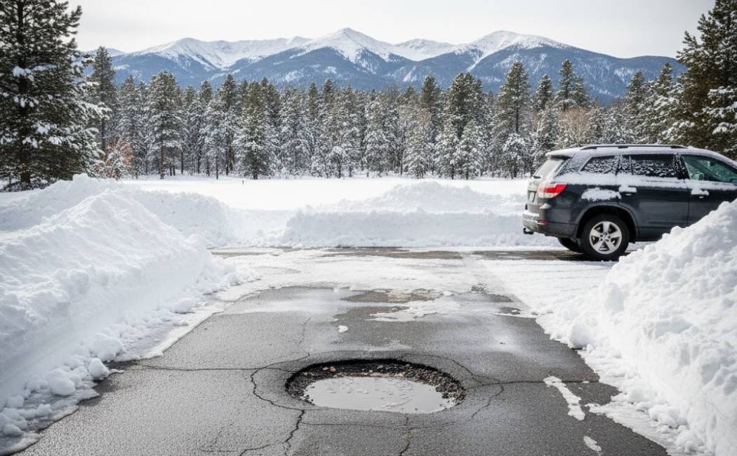 Snow-lined driveway with a forming pothole and mountain backdrop.