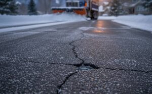 Close-up of cracked asphalt road during winter with a snowplow clearing snow in the background.