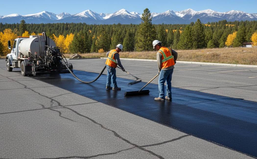 Crew applying sealcoat to asphalt driveway before winter.