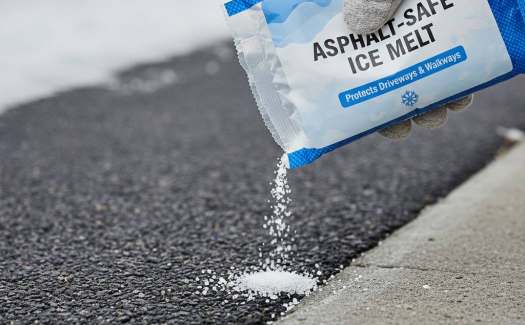 Bag of asphalt-safe ice melt being applied near pavement edge.