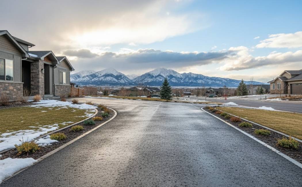 Permeable asphalt driveway at Colorado home with melting snow and drainage