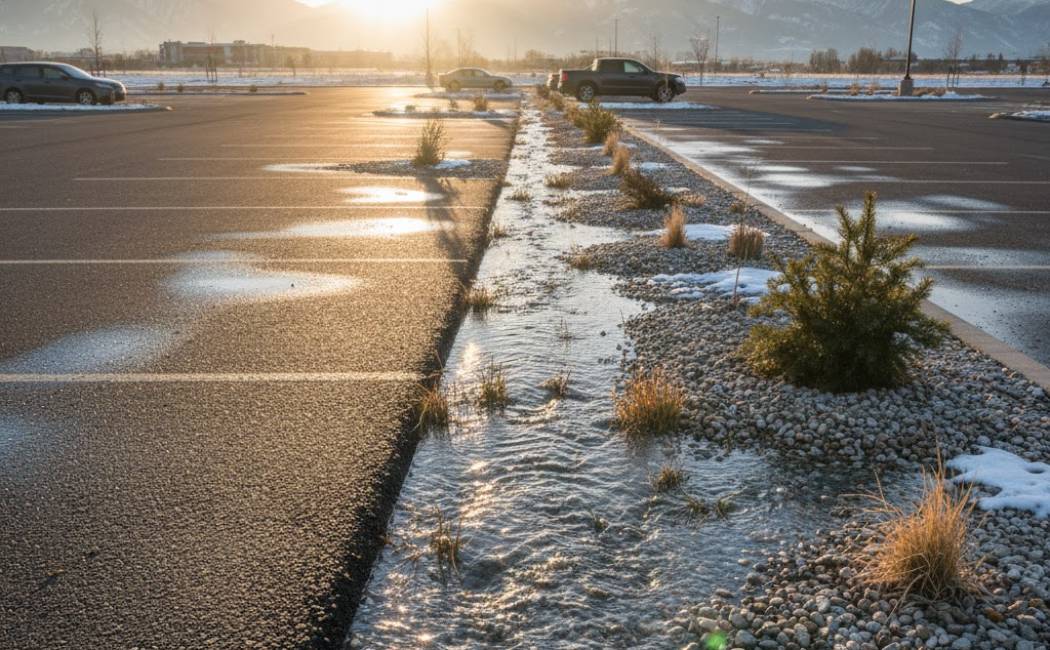 Permeable asphalt parking lot with melting snow and Rocky Mountains in the background
