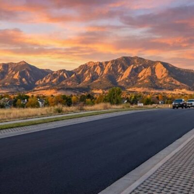 Sustainable asphalt street in Colorado with mountains and paving crew at golden hour.