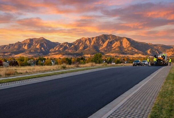 Sustainable asphalt street in Colorado with mountains and paving crew at golden hour.
