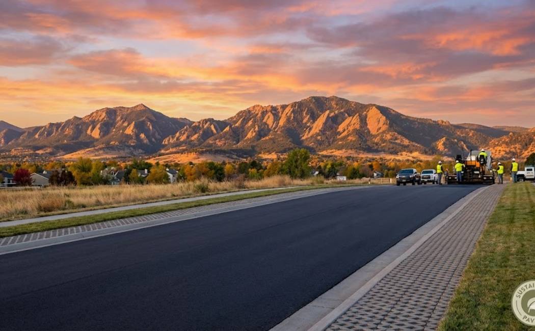 Sustainable asphalt street in Colorado with mountains and paving crew at golden hour.