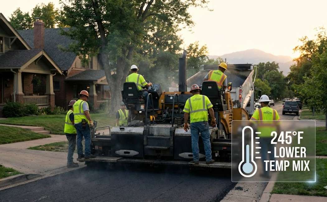 Paving crew laying warm-mix asphalt with minimal steam in a Colorado neighborhood